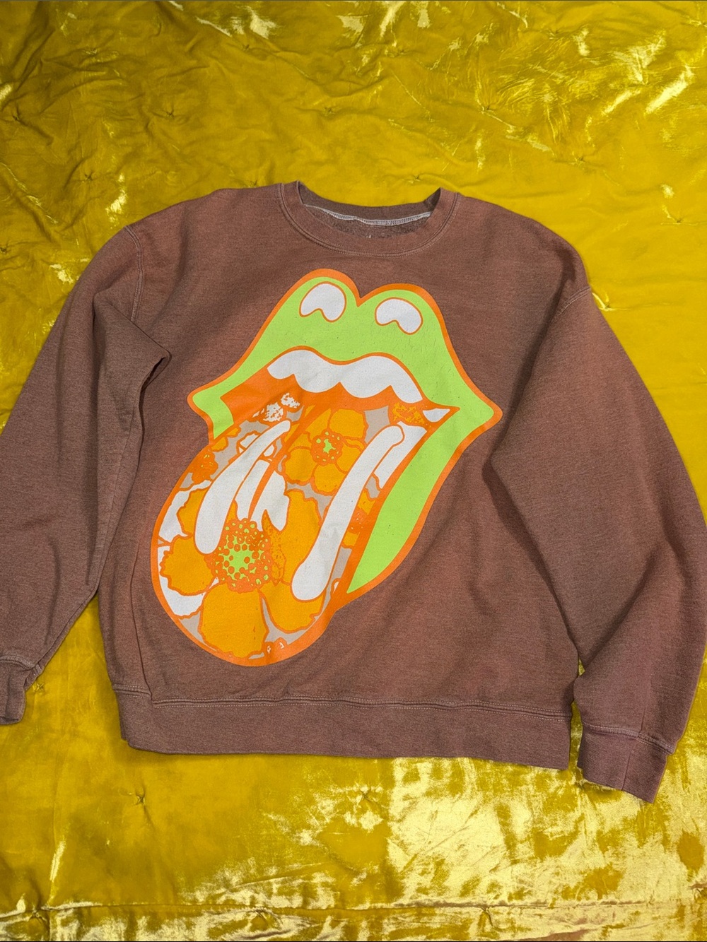 Urban Outfitters Brown Crewneck with Neon Green & Orange Floral Tongue Graphic